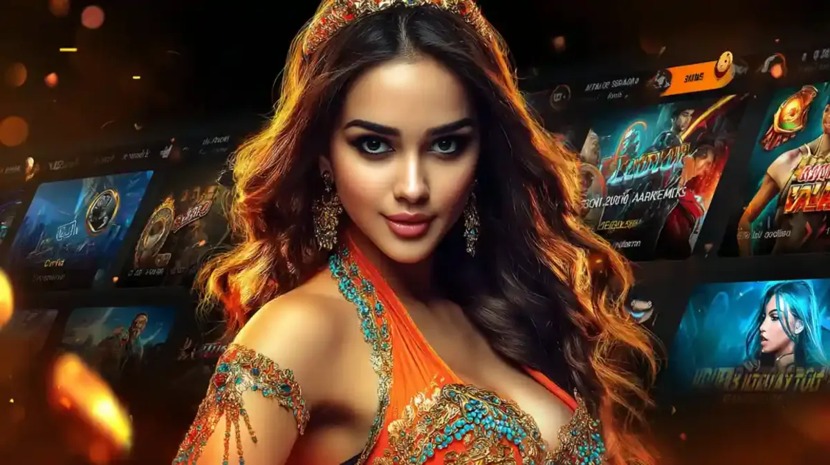 A stunning model posing against a dark background with floating casino game interface elements.