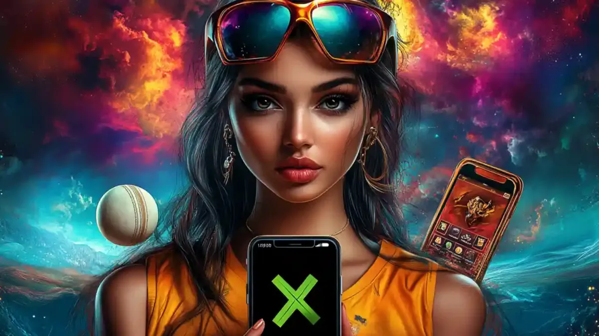 A stylized woman holding a smartphone with cricket equipment and a cosmic background.