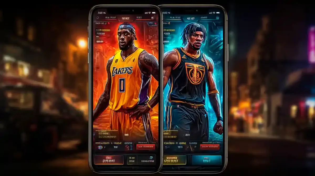 Two smartphones displaying basketball players like LeBron James and betting odds.